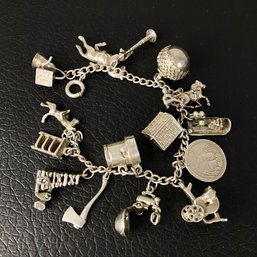 Antique Vintage Sterling Silver Charm Bracelet Sought After Highly Collectible Lots Of Moving Charms 6.75'