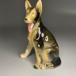 Antique Vintage Porcelain German Shepherd Dog Figurine Black Brown Sitting With Tongue Out Occupied Japan  4'