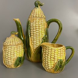Vintage Corn On The Cob Pitcher Creamer Sugar Set Coffee Tea Yellow Green 3 Pieces