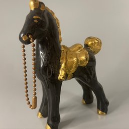 Antique/vintage Black Porcelain Horse Figurine Gold Tail, Mane, And Saddle 5.5' Equestrian