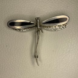 Sterling Silver 925 Dragonfly Pin Brooch With Black Wings Mexico Taxco T-5 152