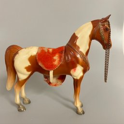 Vintage 1960s Plastic Breyer Horse Figurine Brown White  With Red Felt Saddle And Gold Chain 7' Equestrian