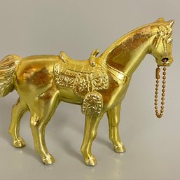 Antique Vintage Golden Horse Gold Metal Cast Figurine With Chain Reins 4.25' Equestrian