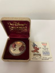 Walt Disney Mickey Sorcerer's Apprentice .999 Fine Silver 1 Oz Round W/Box & CoA
