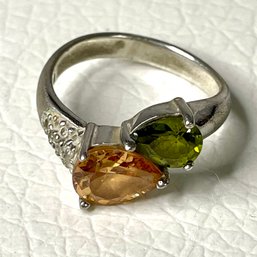 Sterling Silver Peridot And Citrine Ring With CZs