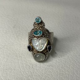 Sajen Sterling Silver Ring Goddess Carved Mother Of Pearl Face Multiple Gemstones Aquamarine Tanzanite Quartz