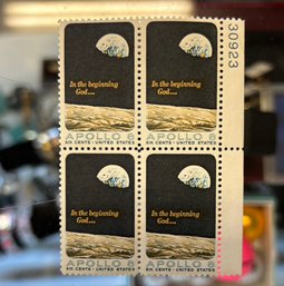 IN THE BEGINNING GOD... APOLLO 6 CENTS US POSTAGE STAMPS BLOCK OF FOUR