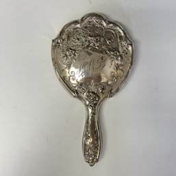 Antique Sterling Silver Vanity Mirror HandHeld Decorative Repousse Monogram