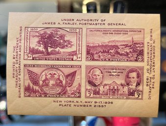 JAMES A FARLEY POSTMASTER PLATE NUMBER 21557 NY THIRD INTERNATIONAL PHILATELIC EXHIBITION OF 1936 3 CENTS
