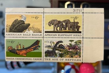 WILDLIFE CONSERVATION AFRICAN ELEPHANT BALD EAGLE REPTILES CANOE  BLOCK OF FOUR  31711