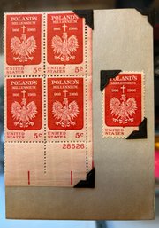 POLAND MILLENNIUM 966-1966 5 CENTS US POSTAGE STAMPS BLOCK OF FOUR AND 1 BONUS GROUP OF 5