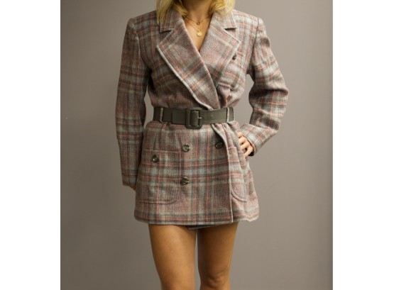Vintage Saint Laurent  Rive Gauche  Size 42 Women's Gray And Pink Plaid Wool Coat