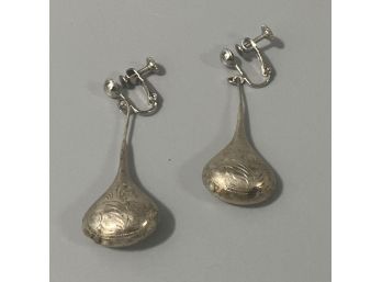 Sterling Silver Teardrop Dangling Earrings With Filigree Ornate Design Screw Back