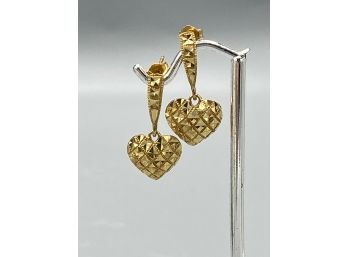 14K Gold Diamond Cut Dangling Heart Earrings Pierced