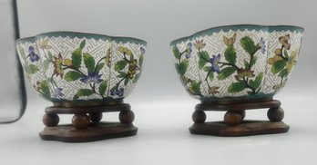 PAIR OF ANTIQUE CHINESE CLOISONNE BOWLS ON FITTED WOOD STAND
