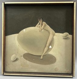 VINTAGE ABSTRACT NUDE WOMAN ON EGG OIL ON CANVAS