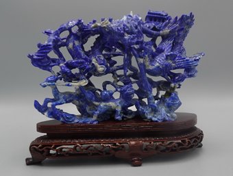 BEAUTIFUL CHINESE STONE LAPIS LAZULI CARVING STATUE OF DRAGON BIRDS AND FOO DOG ON FITTED STAND
