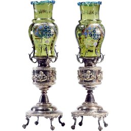 ANTIQUE PAIR OF SILVER  AND MOSER ART GLASS  HURRICANE SHADE LAMPS
