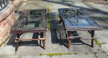 PAIR OF VINTAGE STUNNING ADIRONDACK TWIG AND GLASS COFFEE TABLES