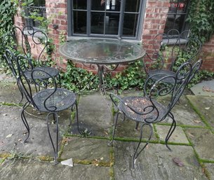 ANTIQUE WROUGHT IRON GLASS VICTORIAN TABLE AND CHAIRS