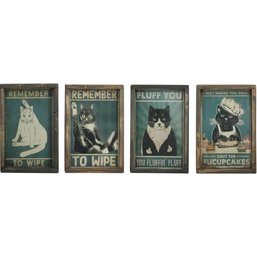 FOUR FUNNY CAT PRINTS ON WOOD PANELS