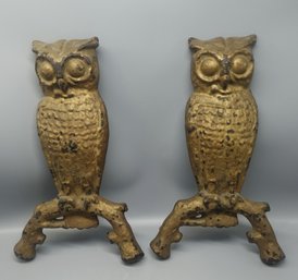 PAIR OF VINTAGE BRADLEY & HUBBARD CAST IRON OWL FIGURE ANDIRONS