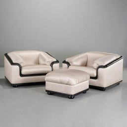 PAIR OF VINTAGE ROCHE BOBOIS CHAIRS AND OTTOMAN