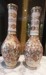 VERY LARGE ANTIQUE PAIR OF HAND PAINTED SATSUMA JAPANESE VASES