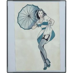 WATERCOLOR PAINTING OF YOUNG WOMAN IN RISQUE POSE