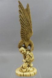JAPANESE MEIJI PERIOD  HAND CARVED STATUIE SCULPTURE OF BOY WITH EAGLE
