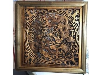 BEAUTIFUL HAND CARVED WOOD FRAME CHINESE SWIRLING DRAGON WALL PLAQUE