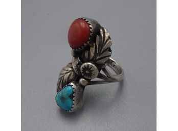 VINTAGE CORAL TURQUOISE NAVAJO INDIAN RING SIGNED P C