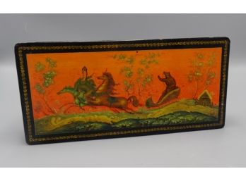 OLD RUSSIAN HAND PAINTED BLACK LACQUERED BOX ARTIST SIGNED