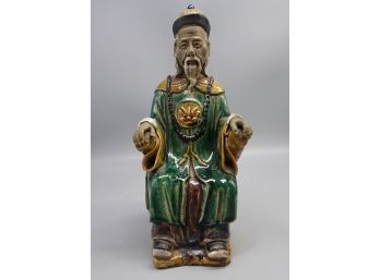 QING DYNASTY SANCAI GLAZE CHINESE POTTERY STATUE OF SEATED ANCESTOR