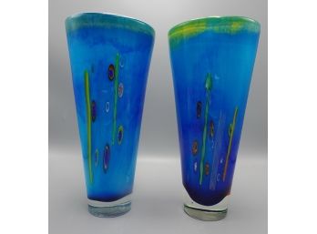 PAIR OF HEAVY MID CENTURY VINTAGE HAND BLOWN CASED GLASS MURANO ART GLASS VASES