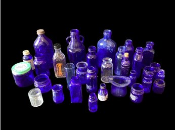 Lot Of 28 Vintage Blue And Green Glass Bottles