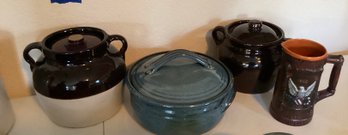 2 Bean Pots, Ceramic Casserole, And Pitcher