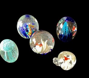 Lot Of 6 Paperweights With Fish And Jellyfish