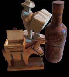 Carved Wooden Figurine, Carved Wooden Donkey Cigarette Roller, Wood Bottle Holder