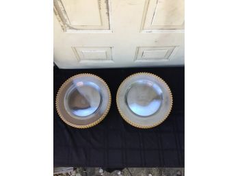 12  Clear Glass 13 Charger Plates With Gold Beaded Rim