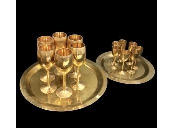 Brass Lot, 13 Glasses And 2 Round Serving Platters