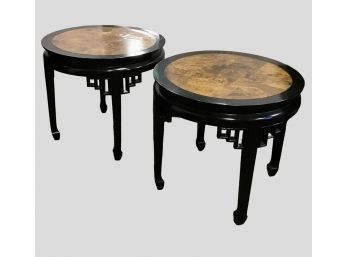 2 Round Asian Side Tables. Wood And Black Laquer