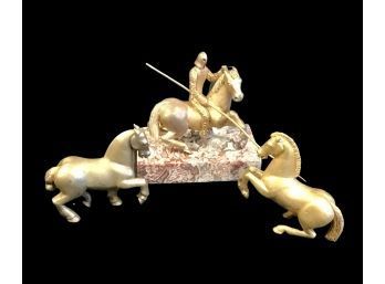 Lot Of 3 Pieces. Knight With Horse On Marble Base And 2 Horses