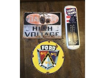 Lot Of 3 Signs Ford, High Voltage And Lionel Trains Thermometer