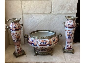 Castilian Porcelain Bowl With Brass On Brass Stand With Match Candlesticks