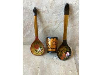 Traditional Russian Painted Spoons And Cup