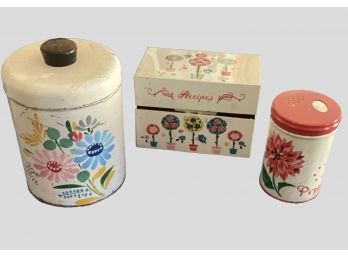 Lot Of 3 Vintage Canister, Recipe Box And Pepper Shaker