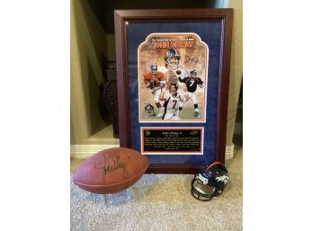 Lot Of 3 , John Elway Signed Football, John Elway Nfl Limited Edition Signed Picture 187/700 And Mini Helmet