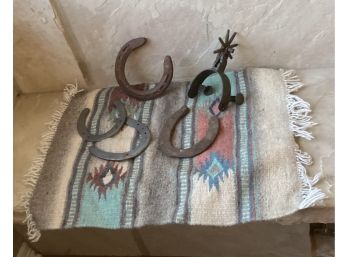 Lot Of 6, Small Handmade Wool Native American Rug, Horseshoes And Vintage Spur