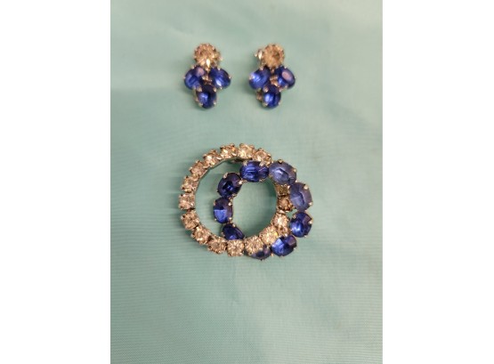 Blue Rhinestone Earrings W/Matching Brooch